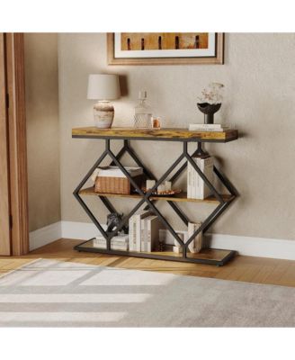 Farmhouse 3-Tier Console Table with Open Shelves, Geometric Metal Legs, Narrow Entryway Design for Hallway, Foyer, or Living Room.