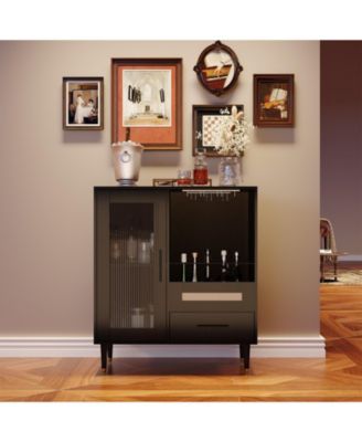 Modern Bar Cabinet - Tempered Glass Door and Drawers, Storage Sideboard for Wine and Coffee in Kitchen or Living Room