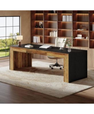 Long Computer Desk for 2 People, Farmhouse Executive Desk with Wooden Desktop and Legs, Heavy Duty