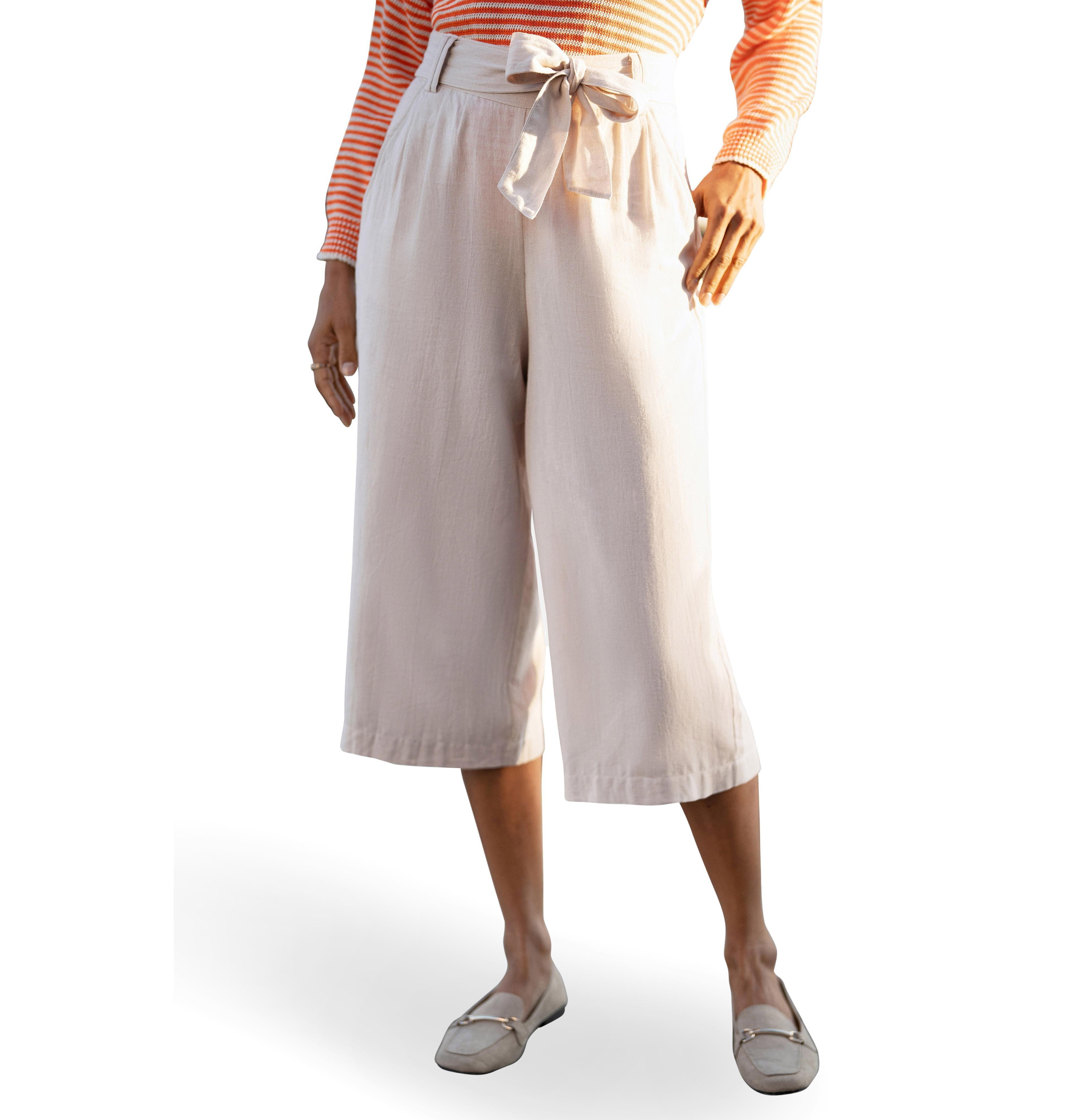 Yumi Women's Linen Blend Tie-Belt Cropped Trousers