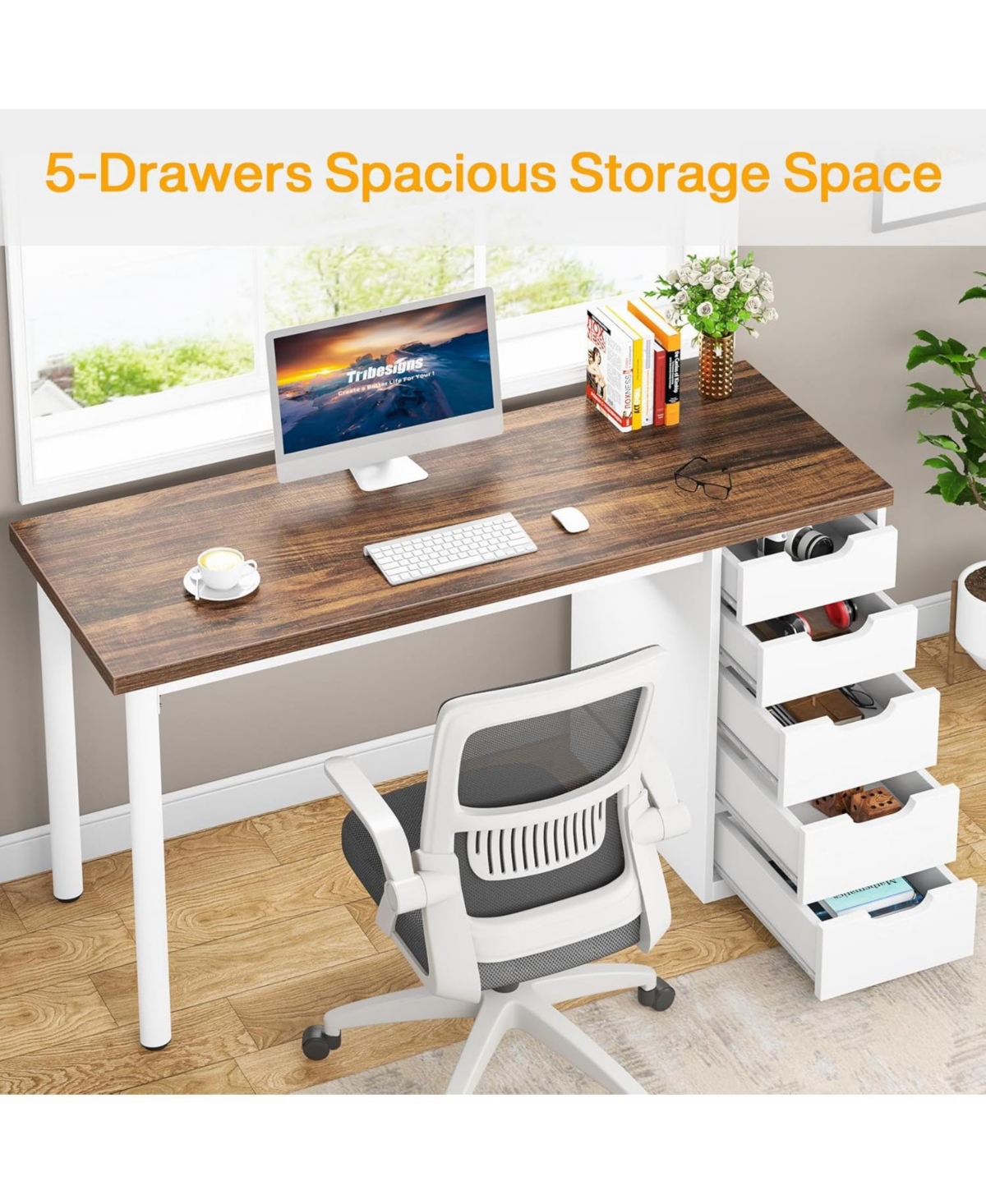 Tribesigns Computer Desk with 5 Drawers, Home Office Storage