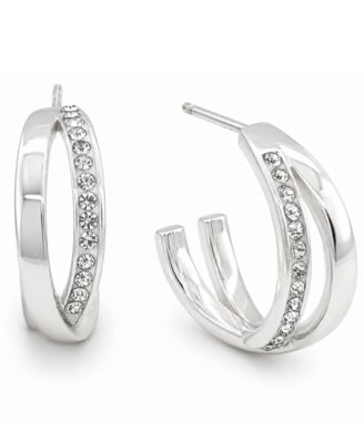 High Polished Clear Crystal Cross Over C Hoop Earring, Gold Plate and Silver Plate