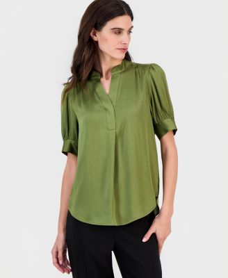 Women's Split-Neck Puffed-Sleeve Top