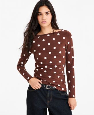 Juniors' Printed Boat Neck Long Sleeve Top