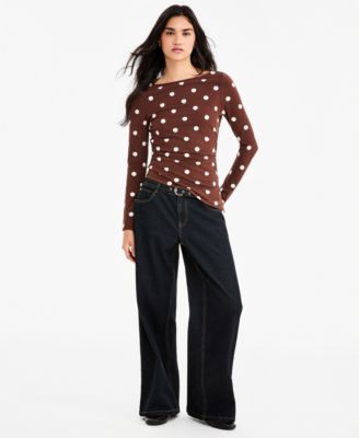 Juniors' Self-Belt Dark-Rinse Wide-Leg Jeans