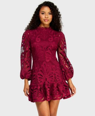 Juniors' Mock-Neck Embroidered Lace Dress with Long-Sleeve and Scallop-Hem
