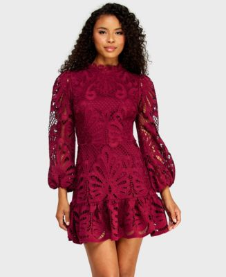Alex & Sophia Juniors' Mock-Neck Embroidered Lace Dress with Long