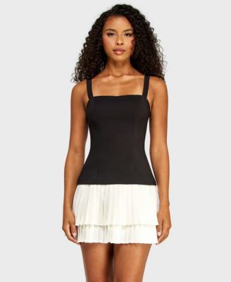 Juniors' Square Neck Pleated Mini Dress