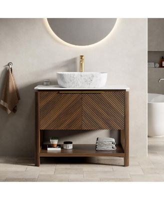 Modern Bathroom Vanity with Vessel Sink, Sintered Stone Countertop, Soft Close Solid Wood 3D Doors, Open Shelf Storage