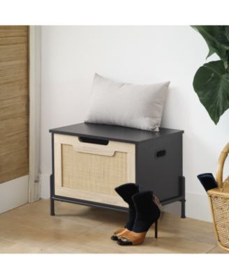 Rattan Storage Bench with Cushion, Rattan Shoe Organizer with Safety Hinges for Entryway or Living Room