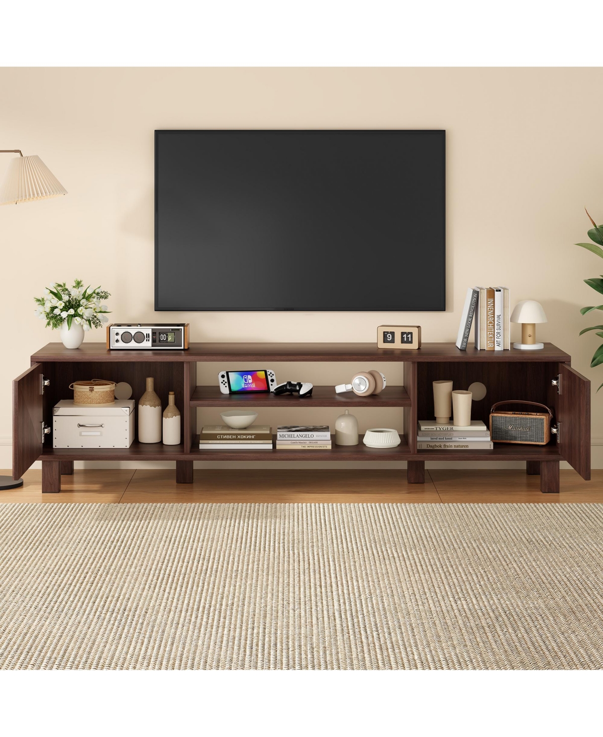 Clihome Modern Large Tv Stand with Storage and Open Shelves