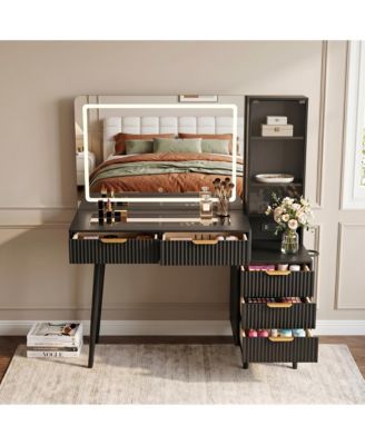 Modern Fluted Vanity Desk 36" LED Mirror, Glass Top, 5 Drawers, 3-Tier Open Shelves, Built-in Charging Station, Dressing Table for Bedroom