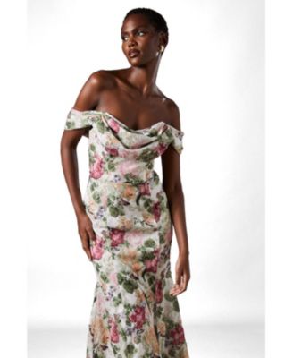 floral bardot maxi dress AiiRZ Sheer Bardot Long Sleeve Floral Detail Fitted Back Slit Bodycon Maxi Dress,XS