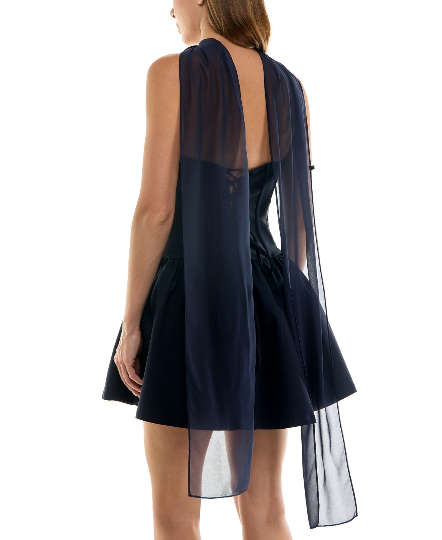 Juniors' Scarf with Drop Waist and Pleated Top Mini Dress