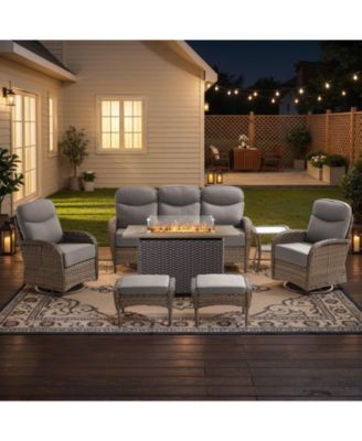 7pieces Patio Furniture Set with 6-inch Thick Cushion, Outdoor Wicker Conversation with Fire Pit Table, Swivel Chairs, Sofa, Side Table