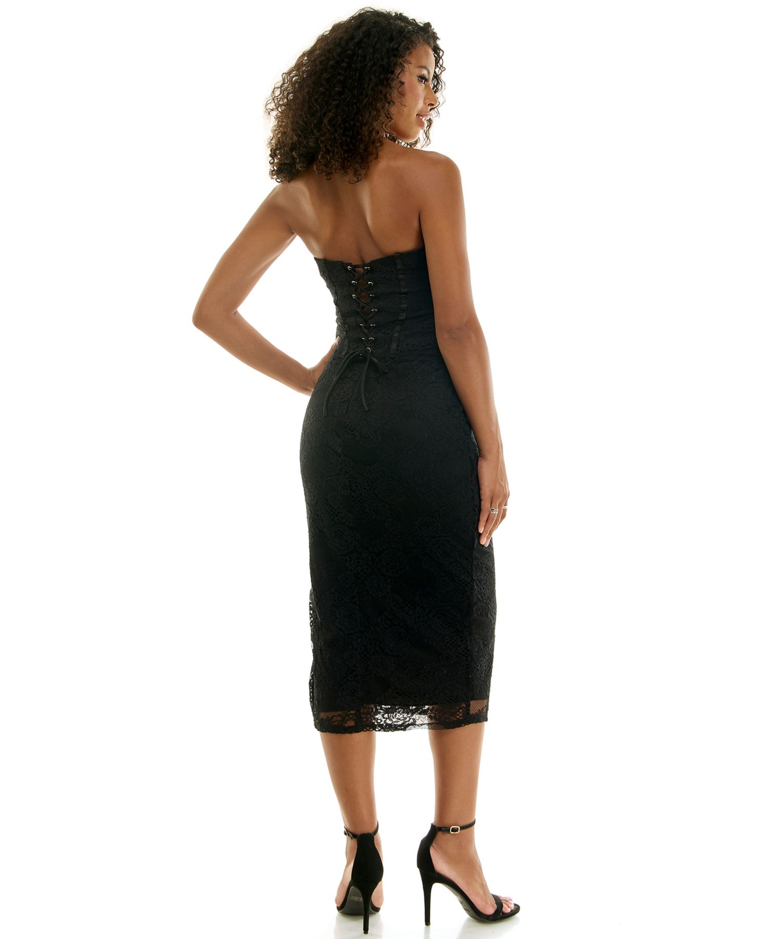 Juniors' Strapless Sweetheart Neck Lace Corset Midi Dress