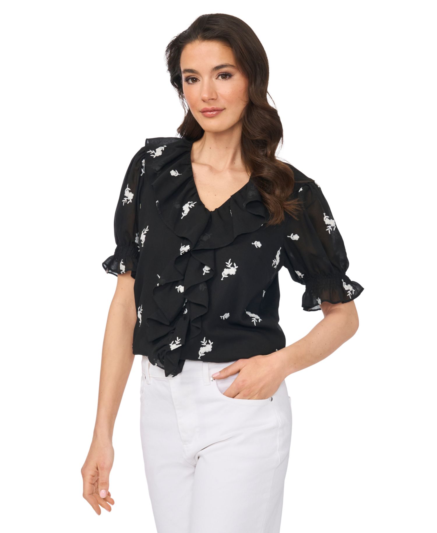 Women's Embroidered Ruffled Short-Sleeve Top