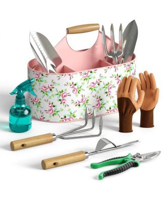 Garden Tool Set Stainless Steel Wood Handle Metal Basket Gift Women Mother