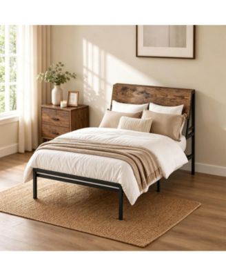 Metal Platform Bed Frame, Brown Heavy Duty Bed Frame with Ergonomic Headboard and Under Bed Storage for Bedroom