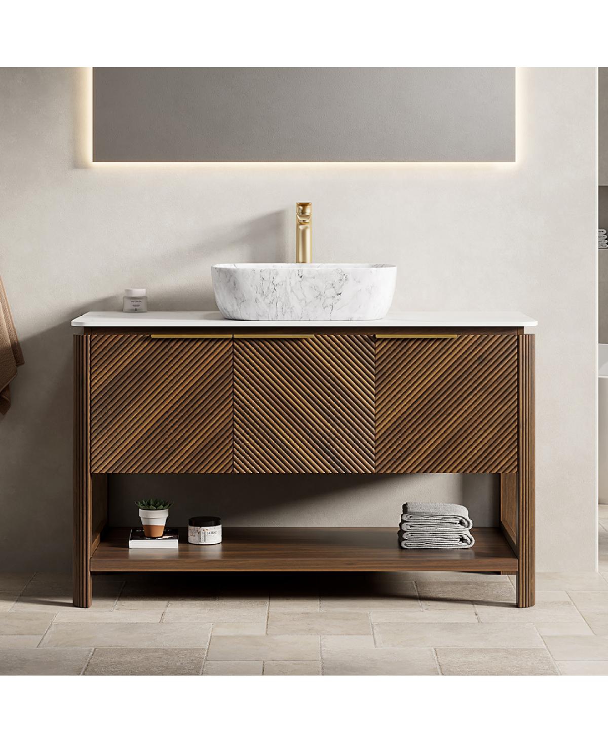Sillysis Modern Bathroom Vanity with Vessel Sink, Sintered Stone Countertop, Soft Close Solid Wood 3D Doors