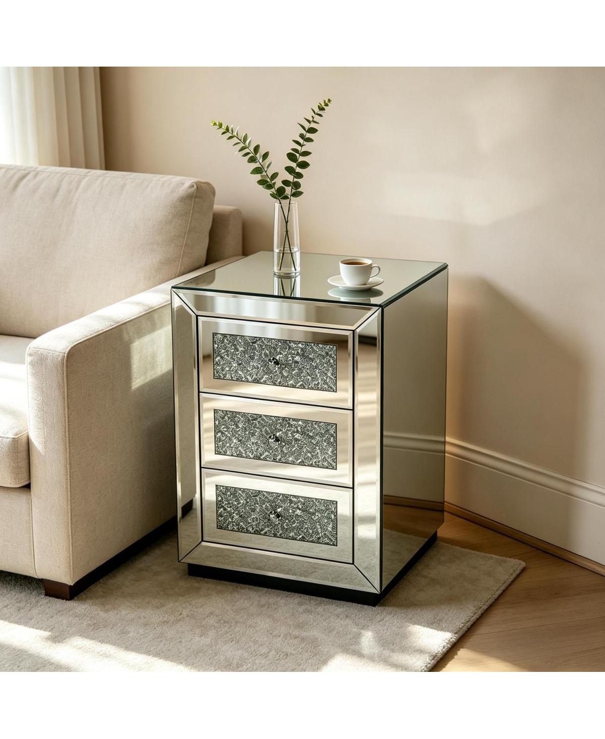 Streamdale Furniture 3-Drawer Mirrored Nightstand Bedside Table Glass Accent End Table Silver