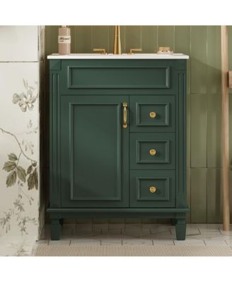 24" French Simple Ceramic Sink Vanity, 2 Deep Drawers Adjustable Shelf, 4" Faucet Fit Solid Wood MDF Cabinet