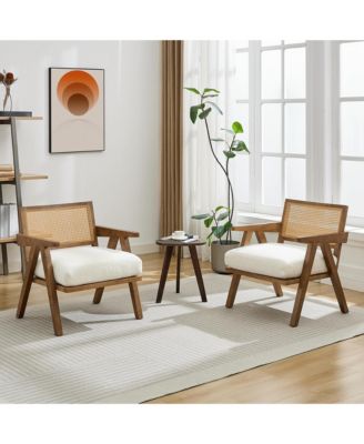 Set of 2 Mid-Century Accent Chairs, Wood with Rattan Backrest, Linen Cushion, for Living Room or Bedroom, Easy Assembly