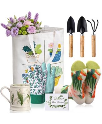 Gardening Gift Set for Women with Tote Bag Mug Socks Tools Gloves