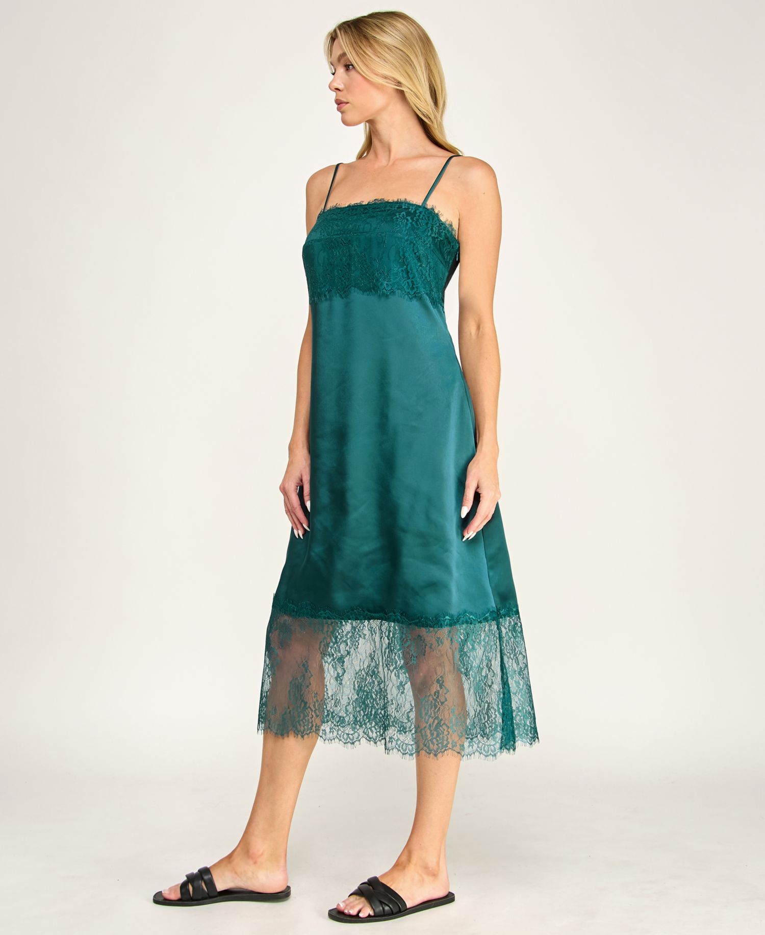 Juniors' Sleeveless Lace and Satin Slip Midi Dress