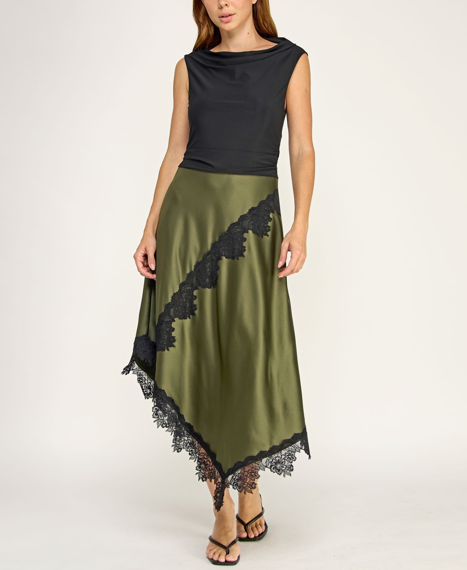 Juniors' Cowl Neck Assymetric Lace Trim Satin Skirt Midi Dress