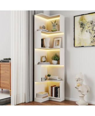 Corner Book Shelf - 5 Tier Corner Bookshelf Bookcase with Baffle LED Lights