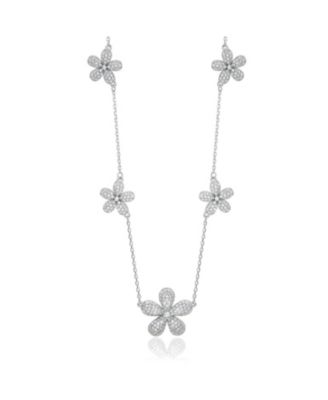 Sterling Silver Cubic Zirconia Pave Flower Station Necklace