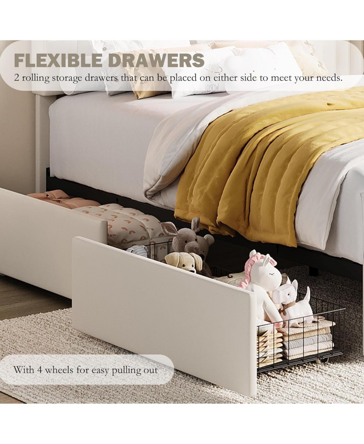 gaomon Bed Frame with 2 Flexible Drawers, Upholstered Platform Bookcase Headboard and Led Lights