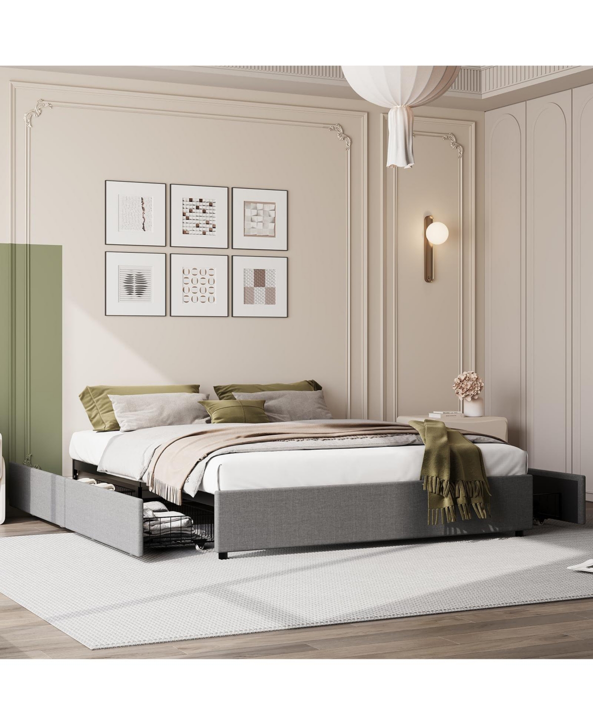 gaomon Bed Frame with 4 Storage Drawers, King Platform Bed with Linen Fabric Upholstered and Wooden Slats Support, No Box Spring Needed