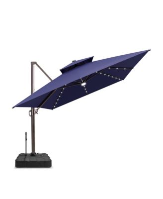 Outdoor Patio 10X13Feet Aluminum Double Canopy Solar Lights Cantilever Umbrella with Rod Wheel Base