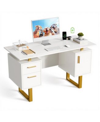 51-Inch Computer Desk with 2 Drawers and Storage Cabinet, Modern Home Office Desk with Built-in Outlets