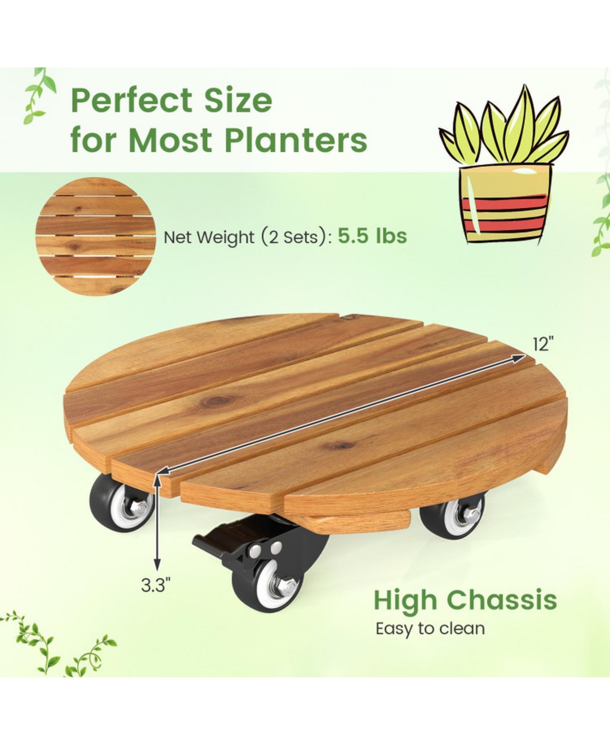 Sugift Heavy Duty Acacia Wood Rolling Plant Stand with 360degree(s) Lockable Casters 2-Piece Set