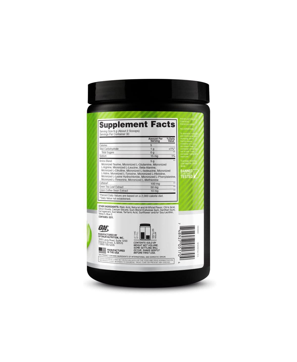 Optimum Nutrition Amino Energy, Pre Workout with Tea, Bcaa, Amino Acids, Keto Friendly, Coffee Extract, Apple, 30 Servings