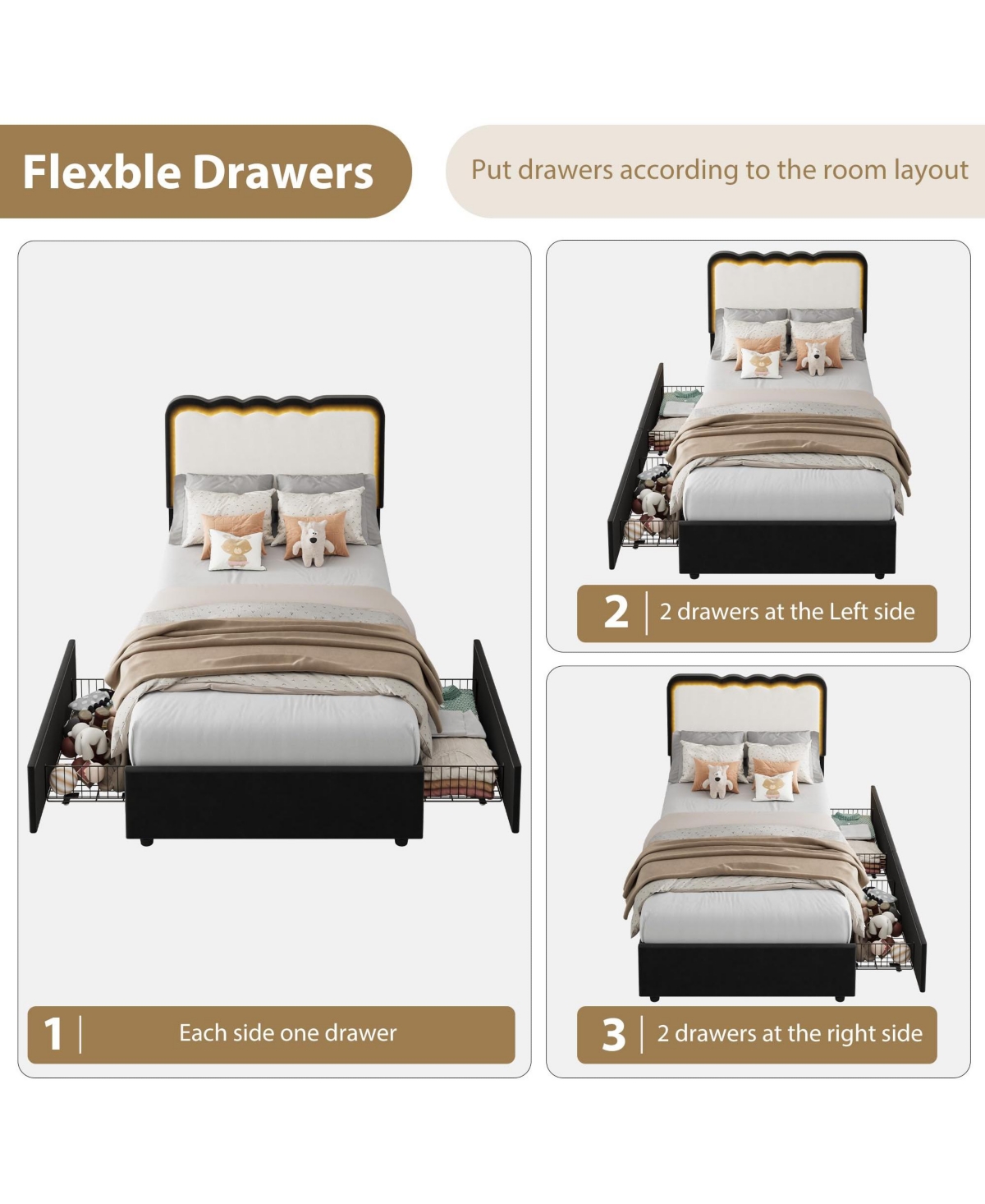 homfan Led Bed Frame with Storage Drawer and Adjustable Headboard, Velvet Princess Platform for Kids