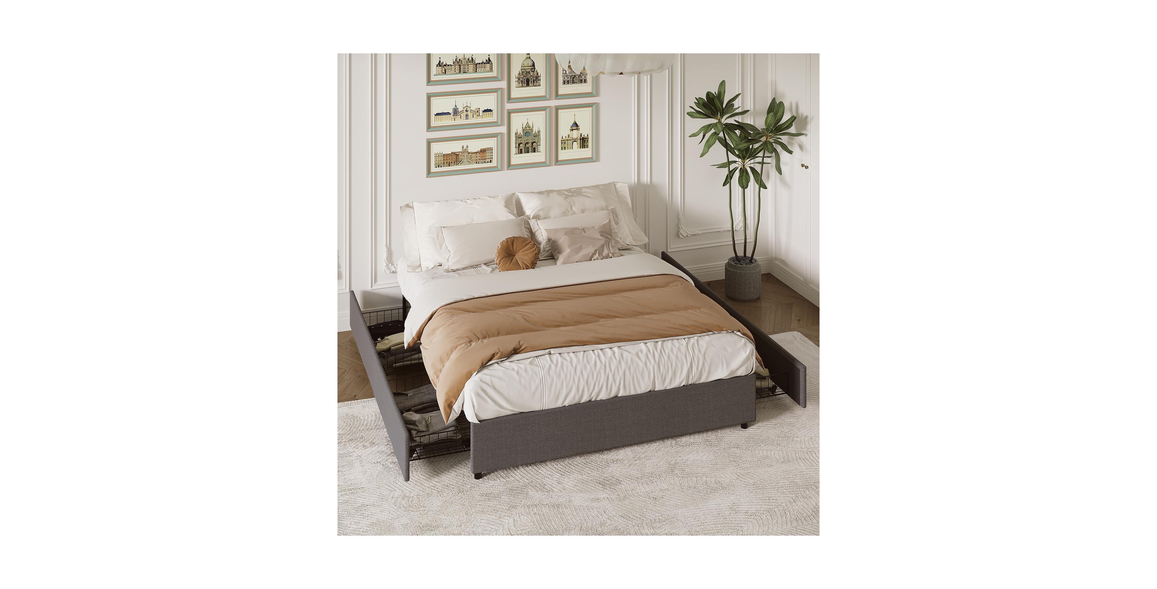 gaomon Bed Frame with 4 Storage Drawers, King Platform Bed with Linen Fabric Upholstered and Wooden Slats Support, No Box Spring Needed