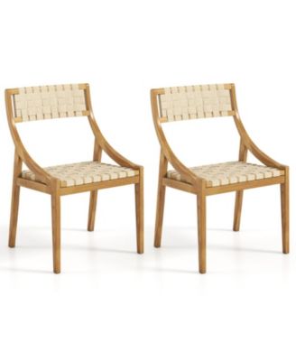 Set of 2 Teak Wood Outdoor Dining Chairs with Woven PP Webbing Seat and Backrest