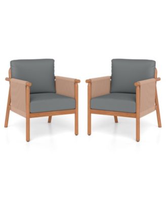 Set of 2 Acacia Wood Patio Chairs with Woven Rope Armrests and Padded Cushions