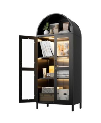 Metal Arched Display Cabinet with LED Lights, Lockable Glass Door Bookshelf and Hutch for Living Room