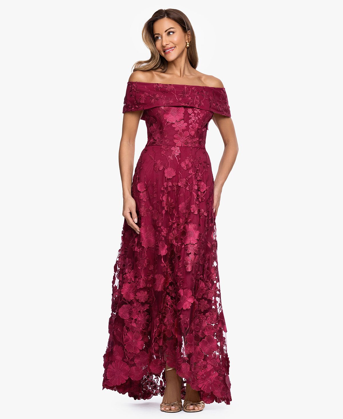 XSCAPE Women's Off-The-Shoulder Embroidered Floral Ball Gown view 1 — MAYCSS fashion products