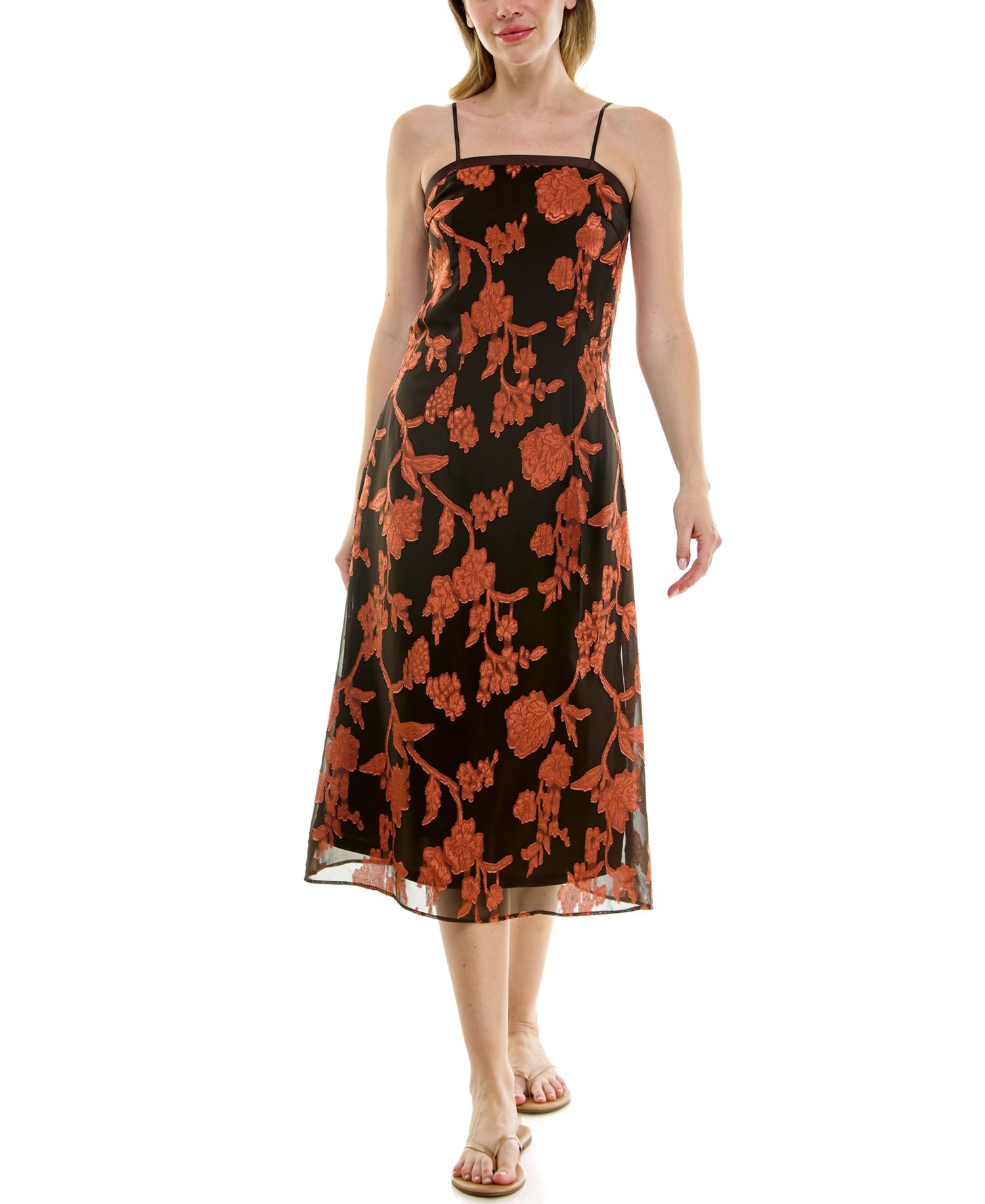 Juniors' Burnout Floral Square Neck Midi Dress