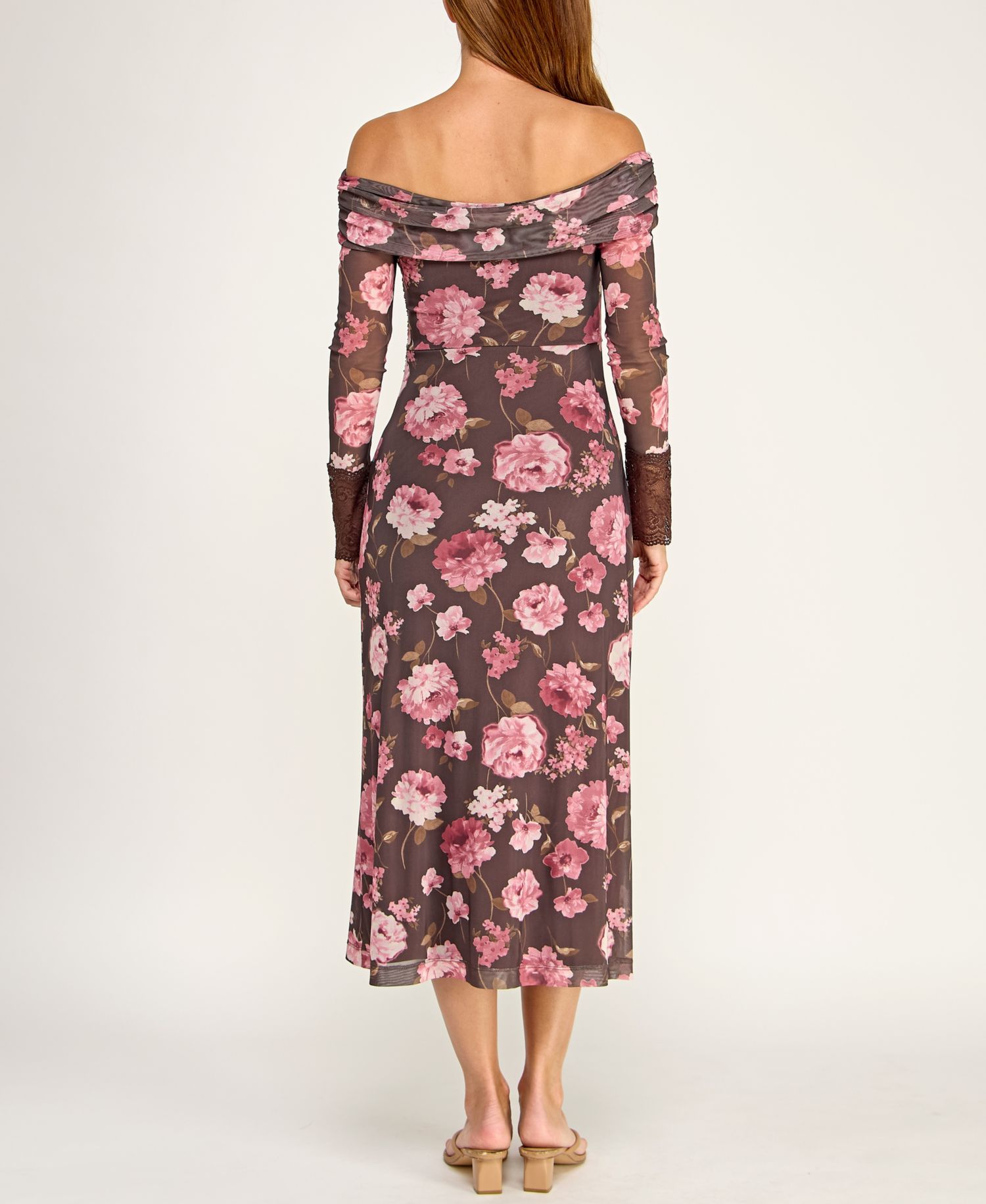 Juniors' Off-The-Shoulder Long-Sleeve Floral Printed Mesh Midi Dress