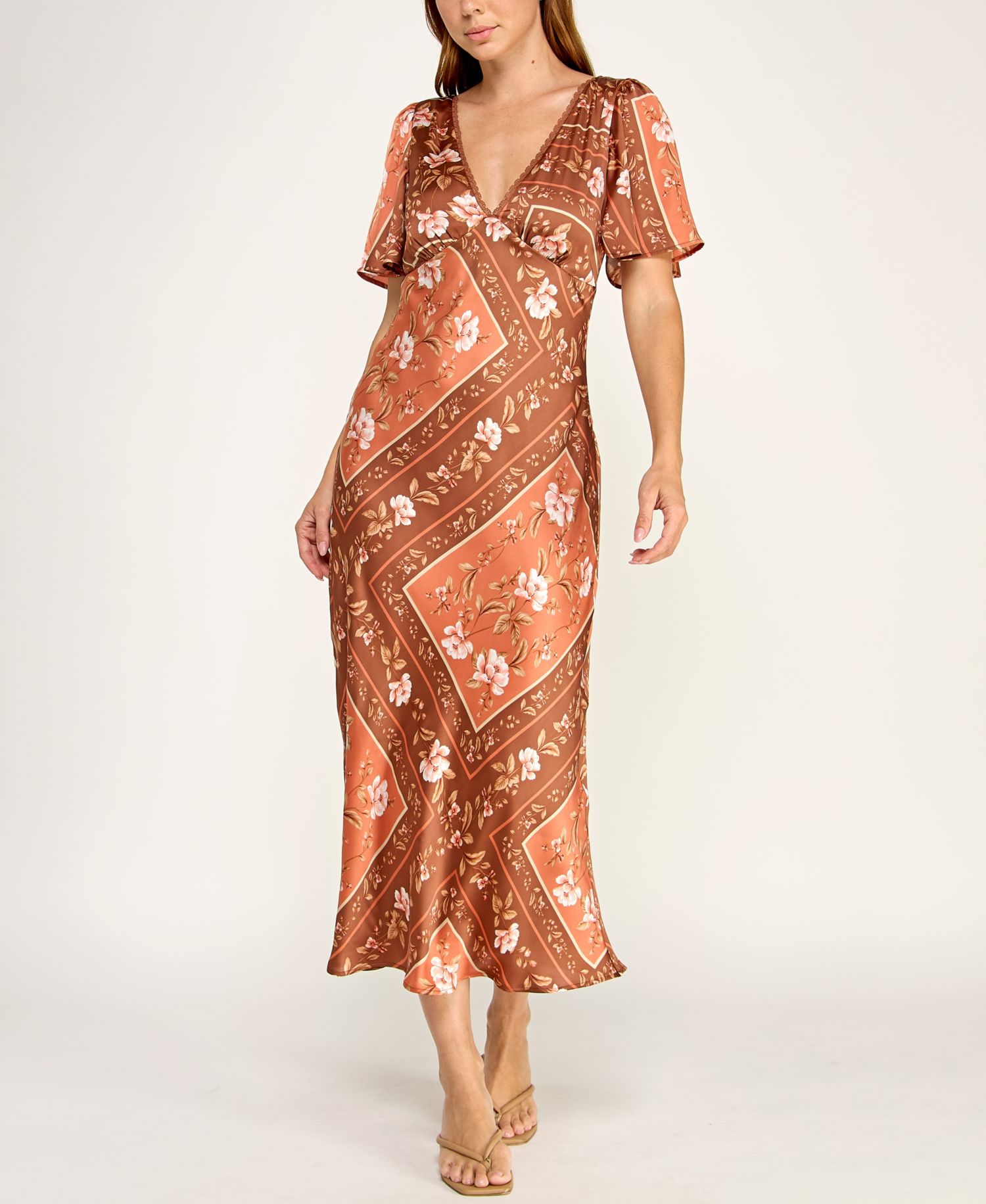 Juniors' Slim-Fit Floral Printed Satin Midi Dress