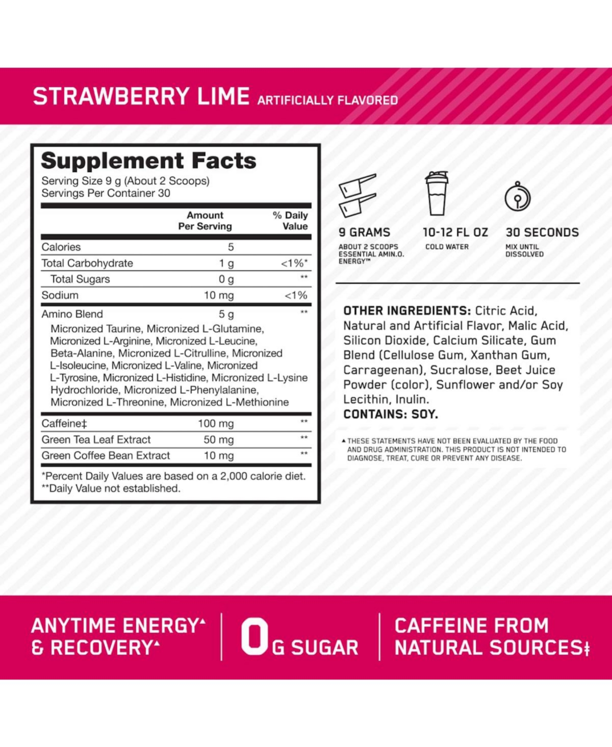 Optimum Nutrition Amino Energy, Pre Workout with Tea, Bcaa, Amino Acids, Keto Friendly, Coffee Extract, Strawberry Lime, 30 Servings
