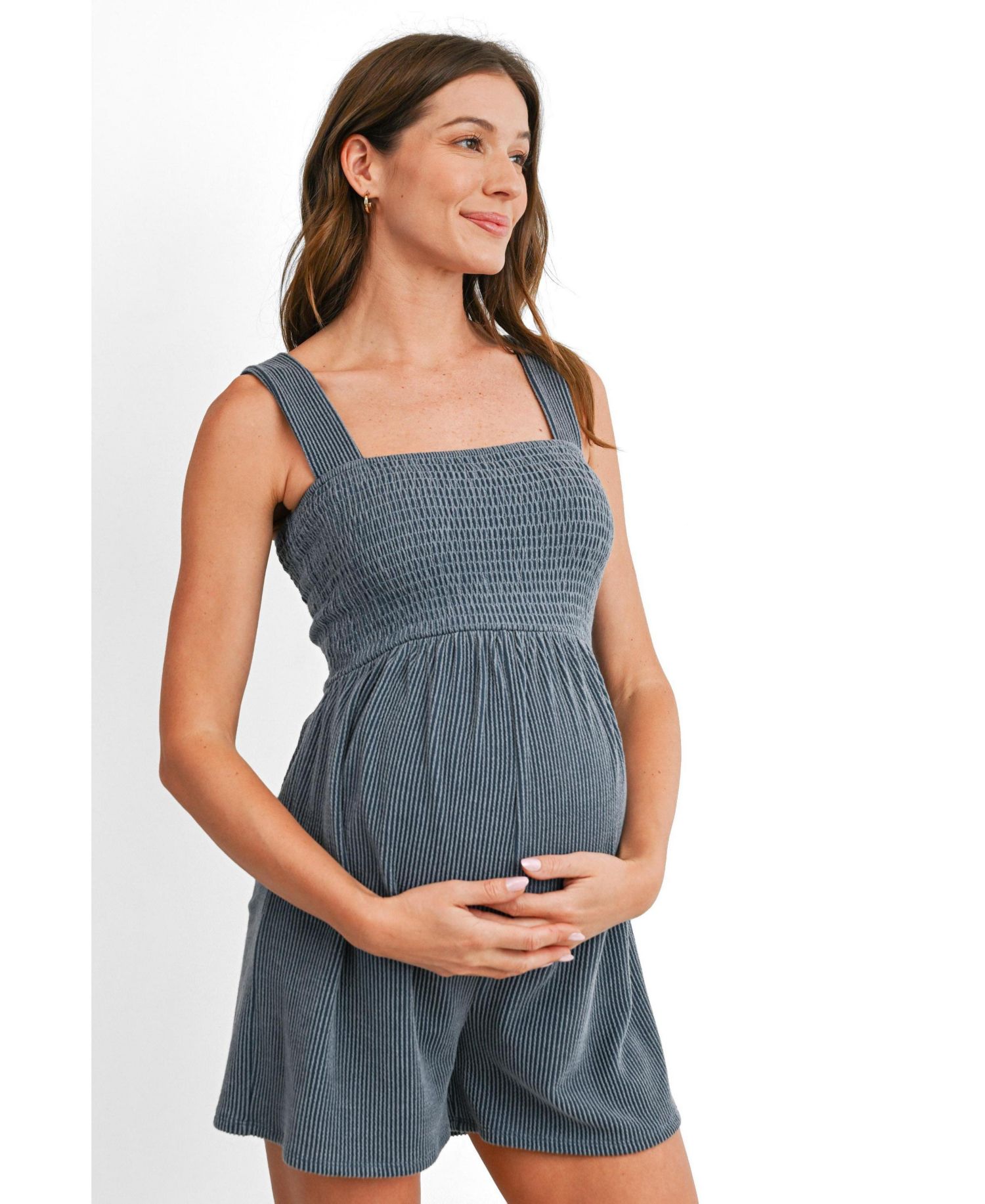 Women's Maternity Sleeveless Smocked Square Neck Ribbed Romper