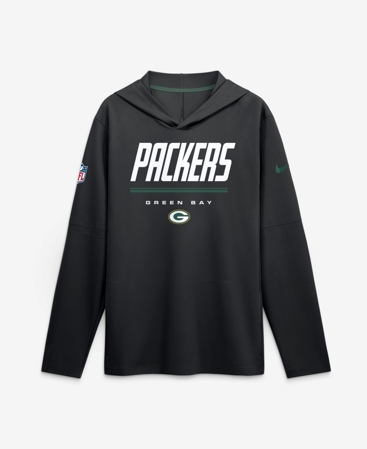 Nike Men's Black Green Bay Packers Sideline Lightweight Long Sleeve Dri-fit Hoodie - Black, Green